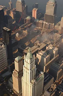 21st Century: Aerial view of Ground Zero from the northeast with