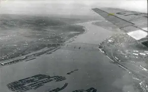 Logging: Aerial view of logs floating in Fraser River, Canada