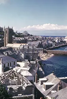 Aerial view of a seaside town, Cornwall