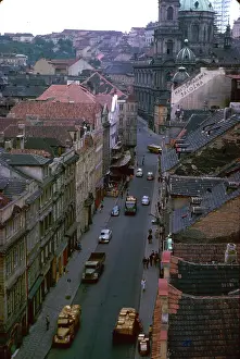 Scaffolding: Aerial view of a street in an East European town