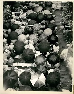 Raincoats: Aerial view of umbrellas, Coronation procession, London
