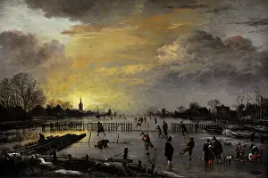 Nightfall: Aert van der Neer (c. 1603-1677). Winter Landscape with Ice