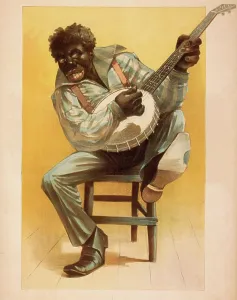 Blackface: African American, seated, playing banjo, circa 1892