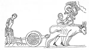 Ploughs: agriculture, ploughing, farmer with plough, drawing