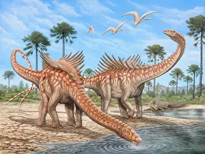 Thirsty: Agustinia dinosaurs drinking water from a river