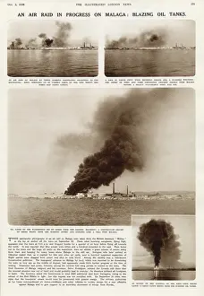 Malaga: An air raid in progress on Malaga: blazing oil tanks