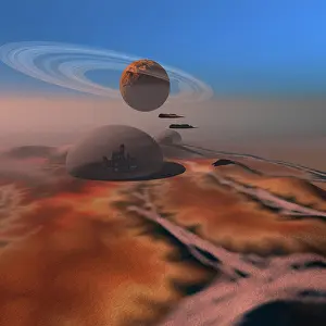 Saturn: Two aircraft fly over domes on the planet Mars