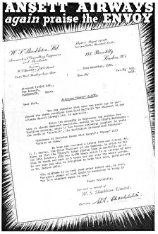 W.s.shackleton: Airspeed Envoy G-ACVI. W.S.Shackleton Ansett Testimonial
