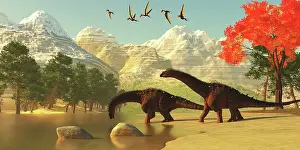 Seashore: Alamosaurus dinosaurs drinkin from a stream while