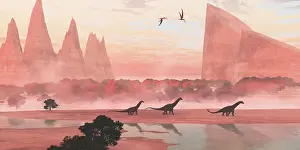 Pterosaur: Alamosaurus dinosaurs walking along a riverbank