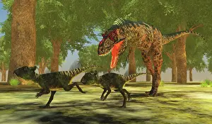 Sarcophagus: Albertosaurus runs after a pair of Archaeoceratops dinosaurs