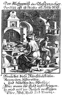 Labs: alchemy, alchemist, producing gold, copper engraving