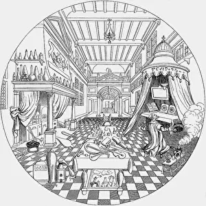 Vries: alchemy, alchemists, The Alchemist, copper engraving