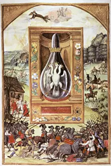 Solis: alchemy, allegory, vial with three-headed heron