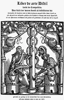 Destillation: alchemy, destillation, destillation device, woodcut
