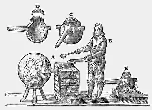 Destillation: alchemy, distillation, destillation device, woodcut