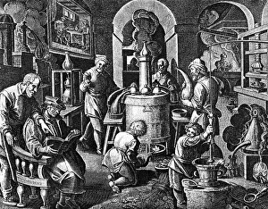 Stradanus: alchemy, distillation, room with distillation