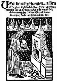 Distilled: alchemy, distillation, water burner, cover, woodcut