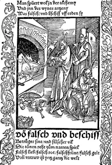 Labs: alchemy, kitchen of an alchemist, woodcut to