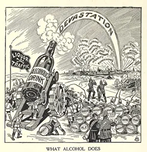 Bsloc1608: WHAT ALCOHOL DOES. Cartoon of bottle on a cannon