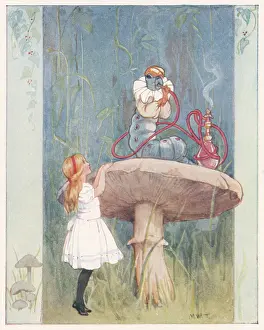 Quietly: Alice looking at the Caterpillar on mushroom