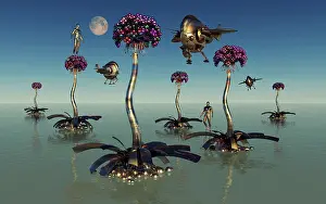 Ecology: Alien humanoid beings using harvesters to collect