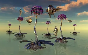 Ecology: Alien humanoid beings using harvesters to collect