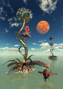 Ecology: Alien humanoid beings using harvesters to collect