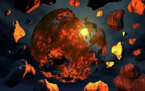 Collision: An alien planet or moon, breaking apart