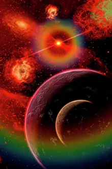 Remnants: An alien planet and its moon illuminated