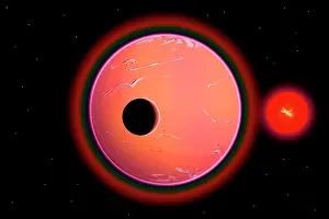 Dimension: An alien planet and its moon in orbit around a red giant ?