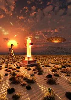 Tribute: An alien returning to the famous crash site in Roswell, New