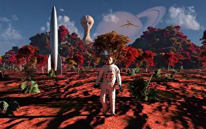 Surveillance: An alien being watches a human astronaut on an alien world