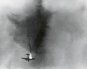 Wesel: Allied plane burns overhead during the 1st Allied