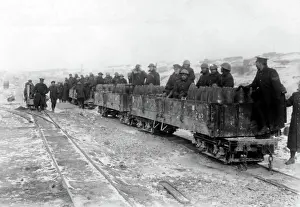 Frosty: Allied soldiers on small ammunition train, WW1