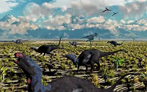 Camptosaurus: An Allosaurus attacking a herd of Camptosaurus dinosaurs