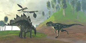 Terrible: An Allosaurus attacks an unaware Stegosaurus dinosaur