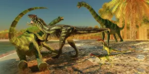 Flesh: An Allosaurus dinosaur brings down a huge Brachiosaurus