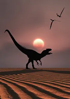 Rippled: An Allosaurus dinosaur calling out against a Jurassic sky