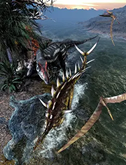 Kimmeridgian: Allosaurus dinosaur chasing down a Kentrosaurus