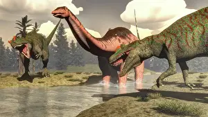 Massive: Two Allosaurus dinosaurs attacking a large Apatosaurus