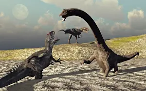 Threat: An Allosaurus and Diplodocus dinosaur sinking