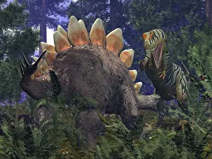 Encounter: An Allosaurus stumbles upon a grazing Stegosaurus