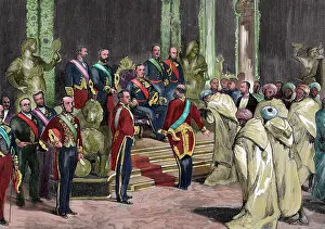 Alfonso: Alphonse XII with a Morocco's embassy. 19th century. Engravi