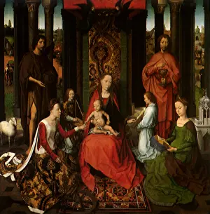 1470s: Altarpiece of the Virgin with Saints and Angels, by Memling