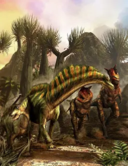 Ceratosaur: Amargasaurus is fending off a pack of Carnotaurus