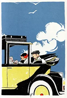 Rack: American couple studying a map in an elegant automobile