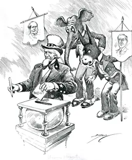 Moments: American election cartoon with Uncle Sam voting