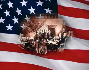 American Flag With Vignette Of Signing Declaration Independe