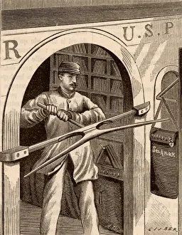 Postage: American mail train. A device for picking up sacks